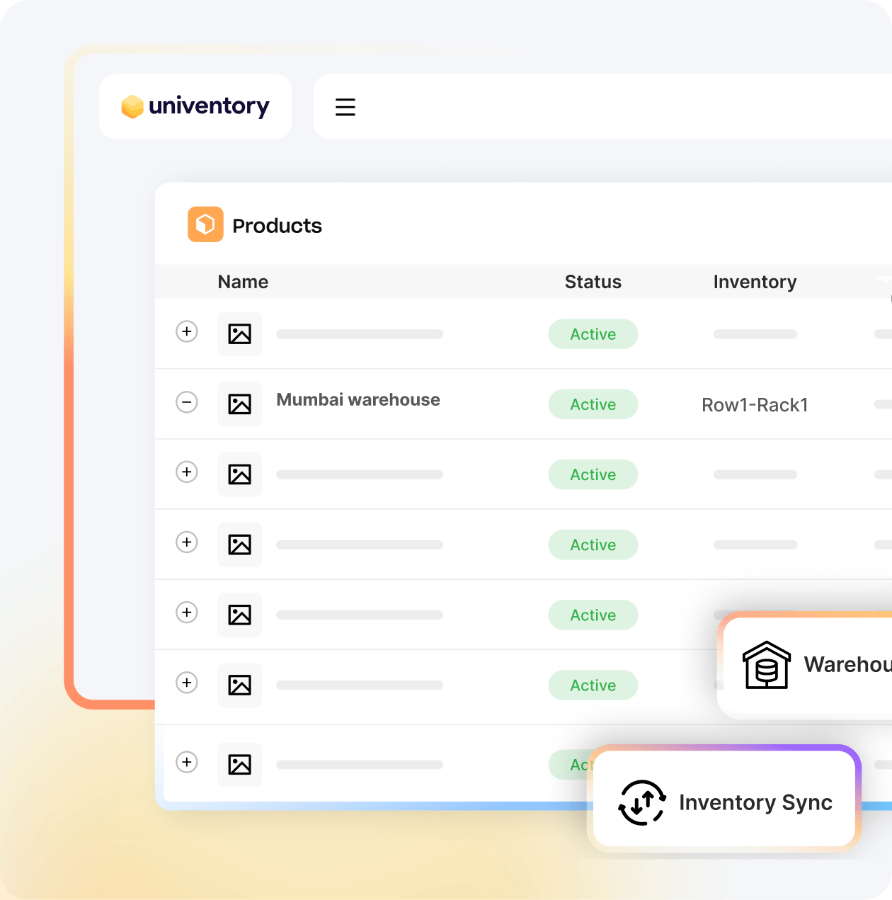Univentory inventory management software showing real-time multi-warehouse stock levels