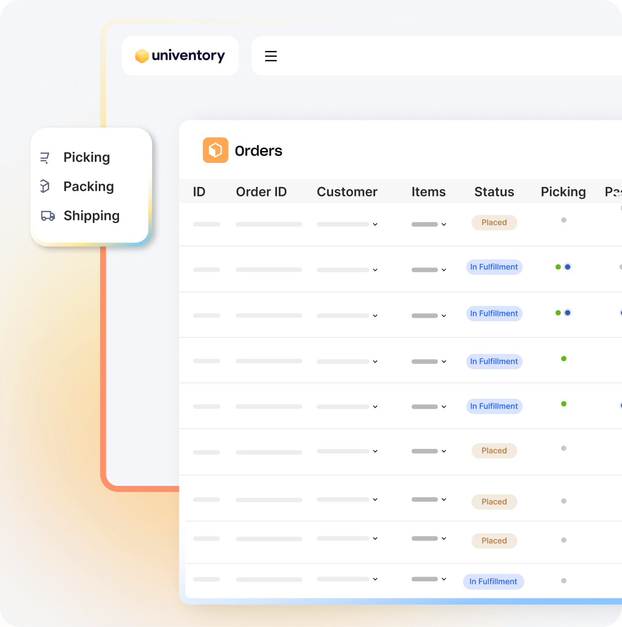 Univentory order management system dashboard showing multi-channel orders and fulfillment status