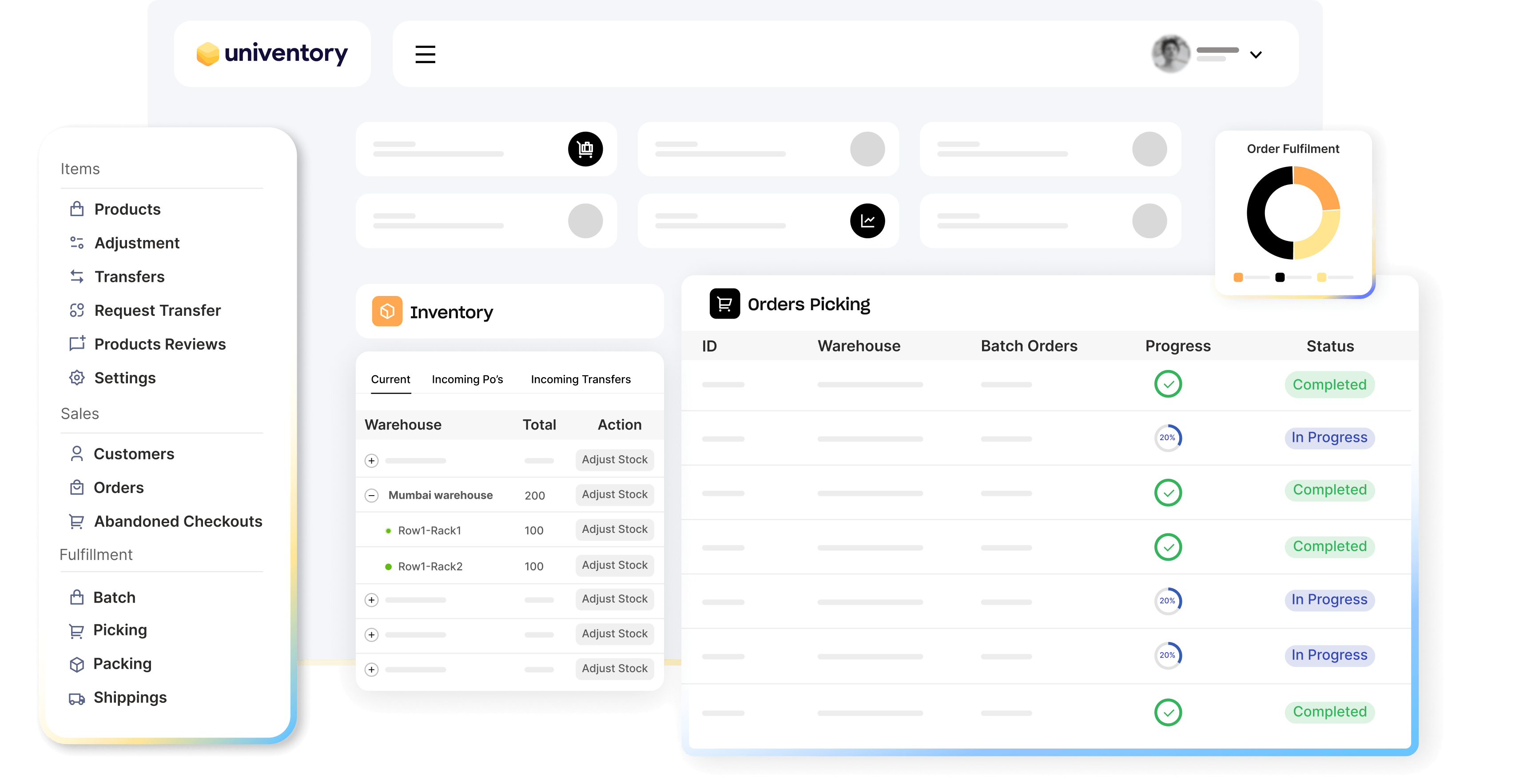Univentory dashboard showing warehouse inventory and order fulfillment tracking