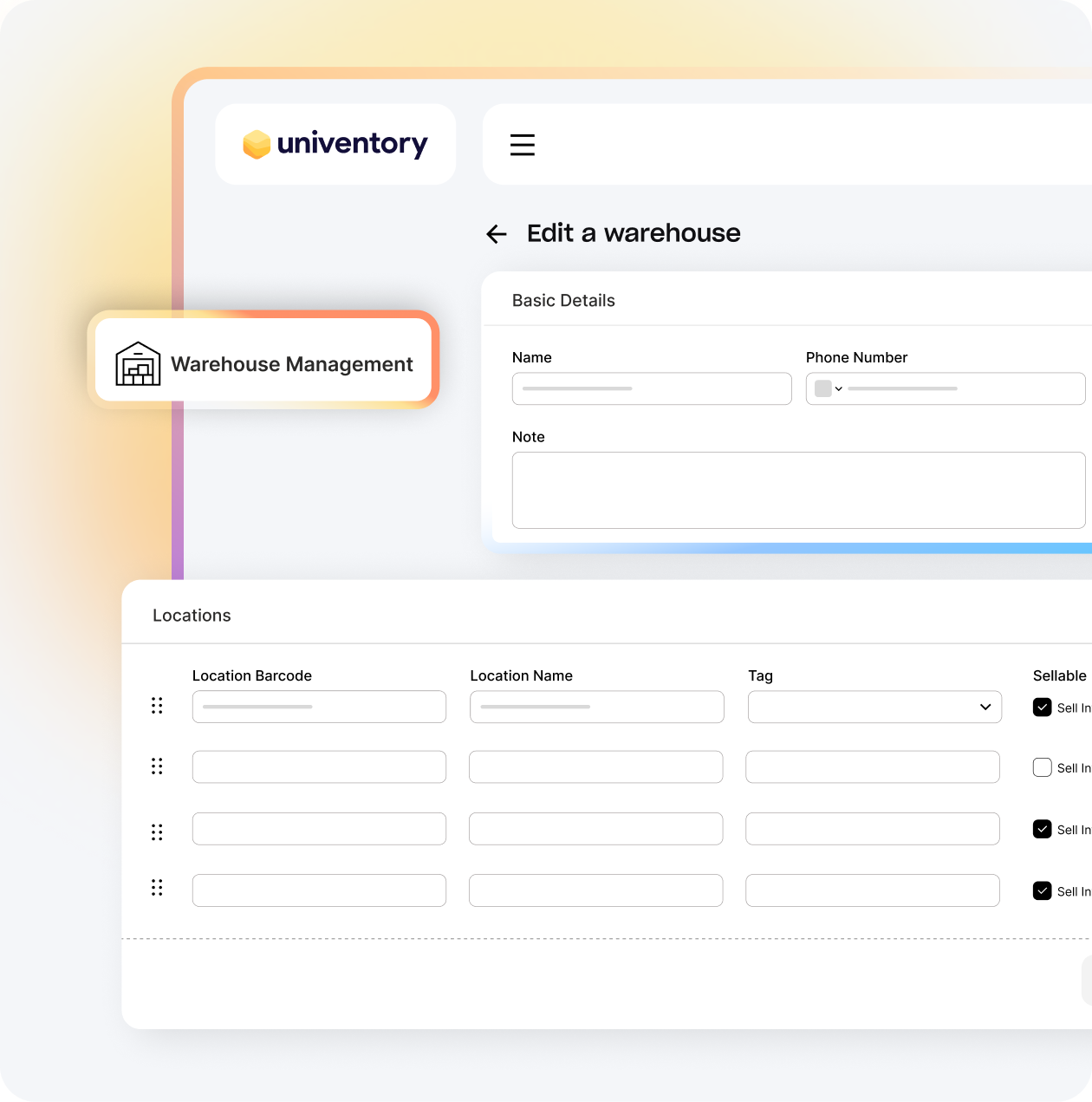Univentory warehouse management system interface with bin-level location tracking